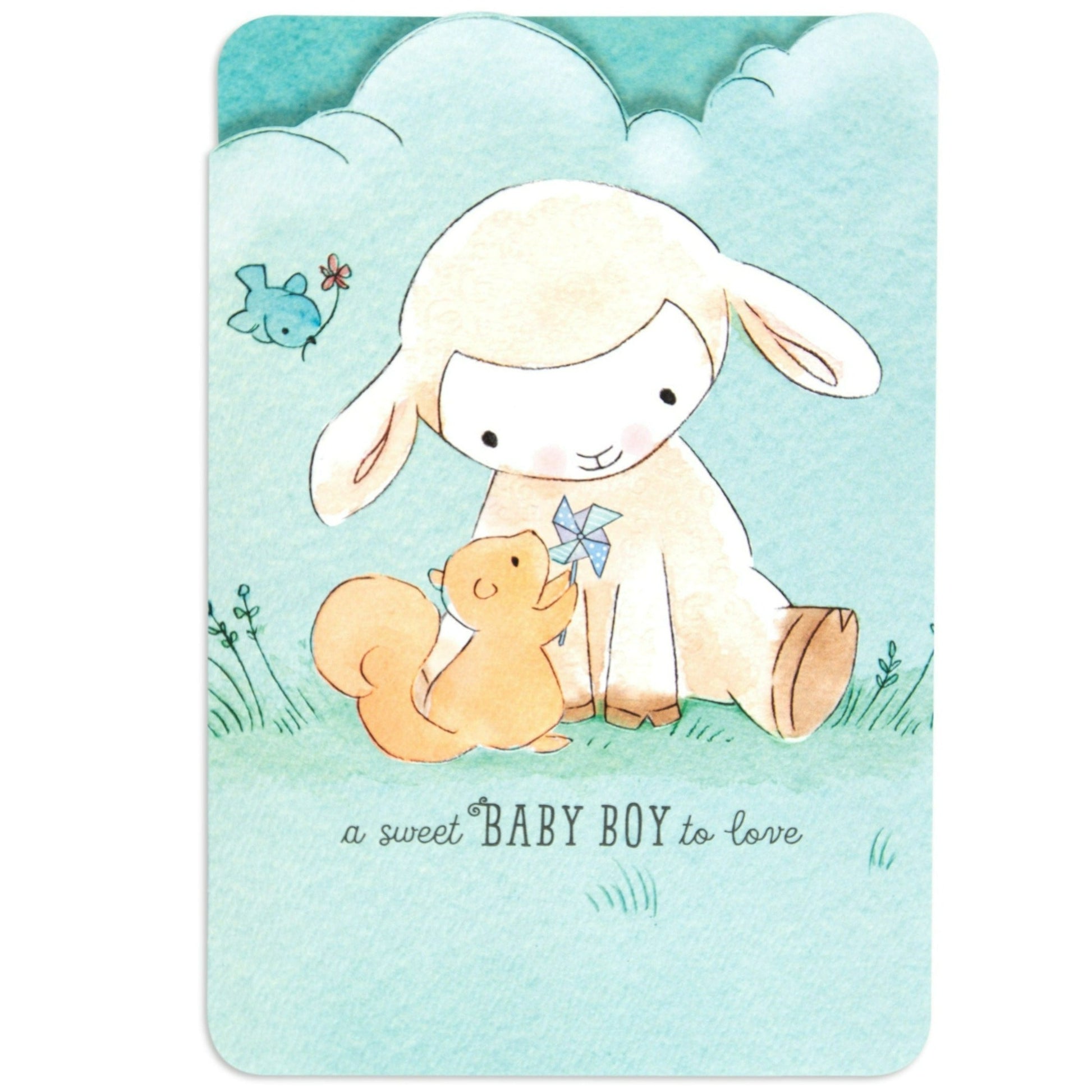Sweet & Special Welcome Baby Boy Congratulations Card with die-cut clouds and a cute lamb illustration in a serene grass scene.