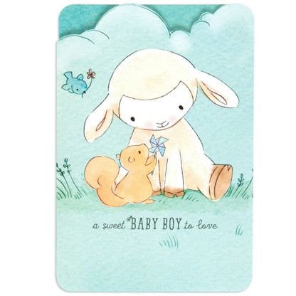 Sweet & Special Welcome Baby Boy Congratulations Card with die-cut clouds and a cute lamb illustration in a serene grass scene.