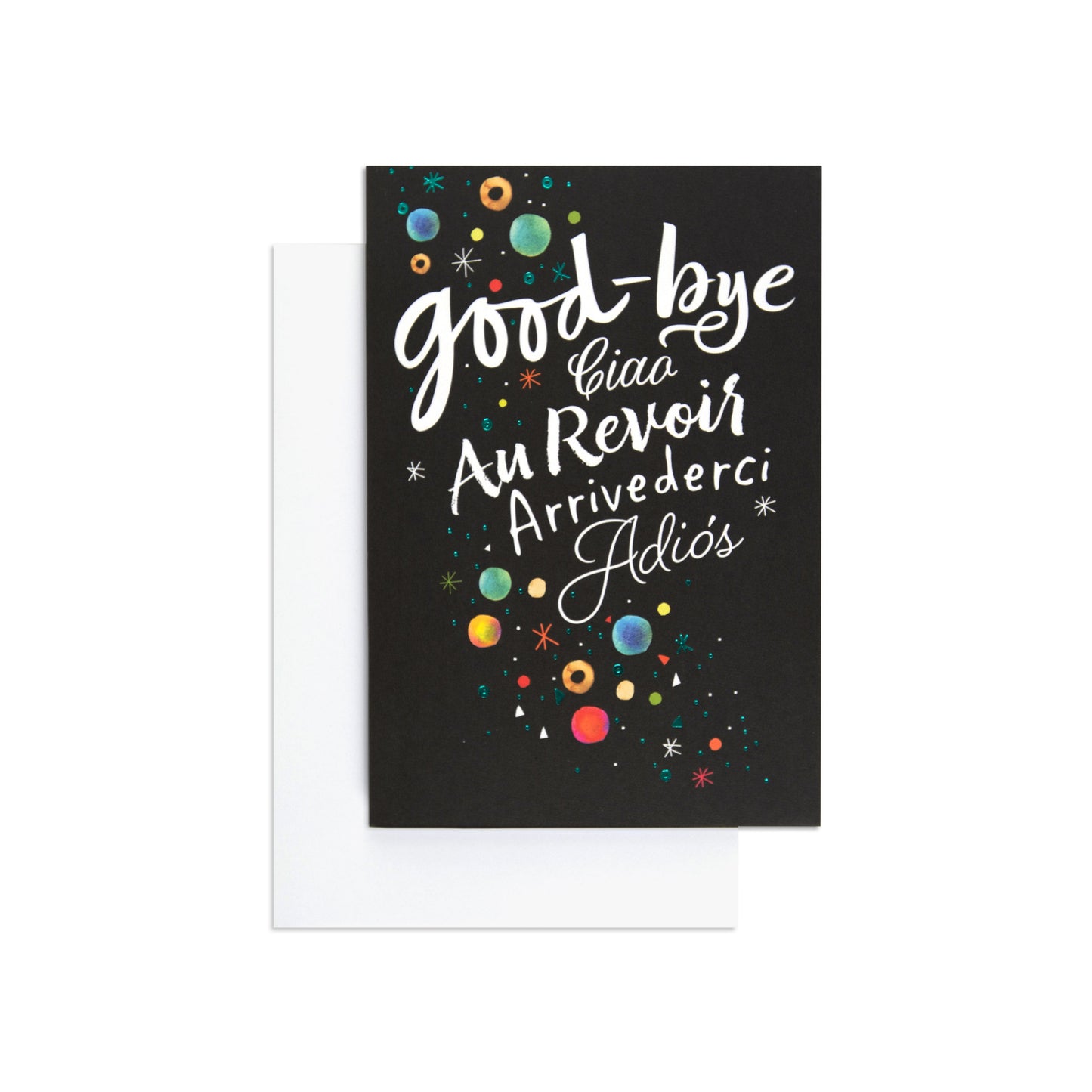 Space themed adorable farewell leaving card with colourful planetary illustrations on a black background, includes white envelope.