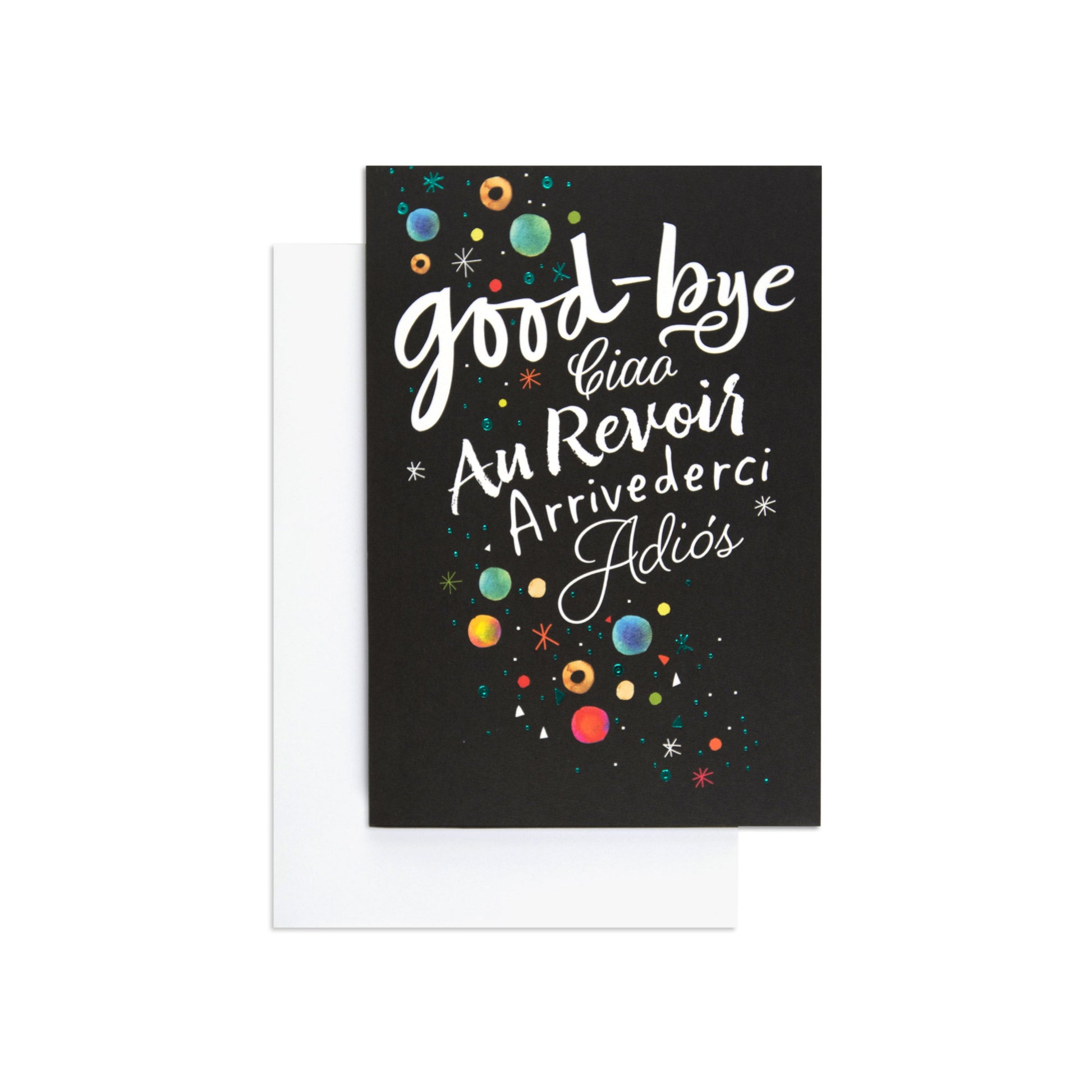 Space themed adorable farewell leaving card with colourful planetary illustrations on a black background, includes white envelope.