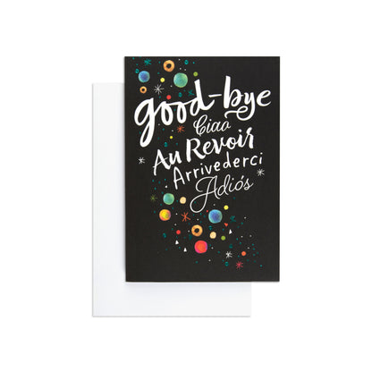 Space themed adorable farewell leaving card with colourful planetary illustrations on a black background, includes white envelope.