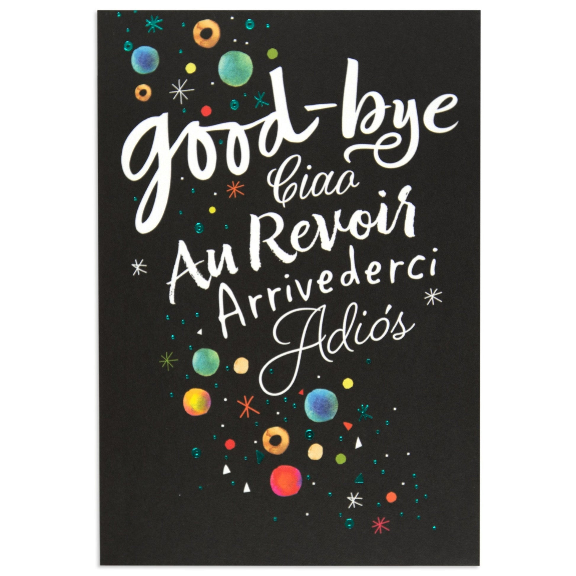 Space themed adorable farewell leaving card featuring hand-painted lettering and colourful planet illustrations on a black background.