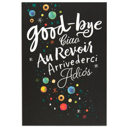 Space themed adorable farewell leaving card featuring hand-painted lettering and colourful planet illustrations on a black background.