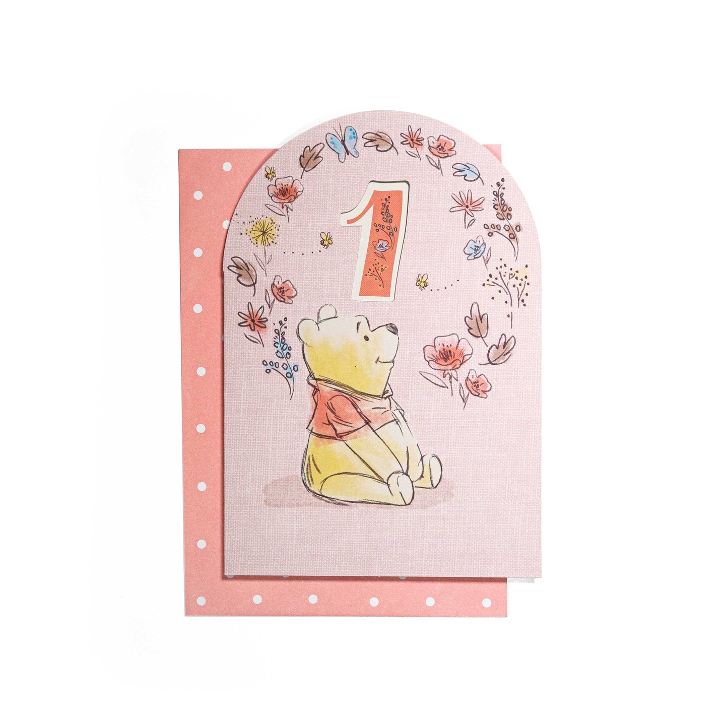 Lovely Disney Winnie The Pooh Sweet As Honey 1st birthday card featuring Pooh and floral design with cut-out '1' shape.