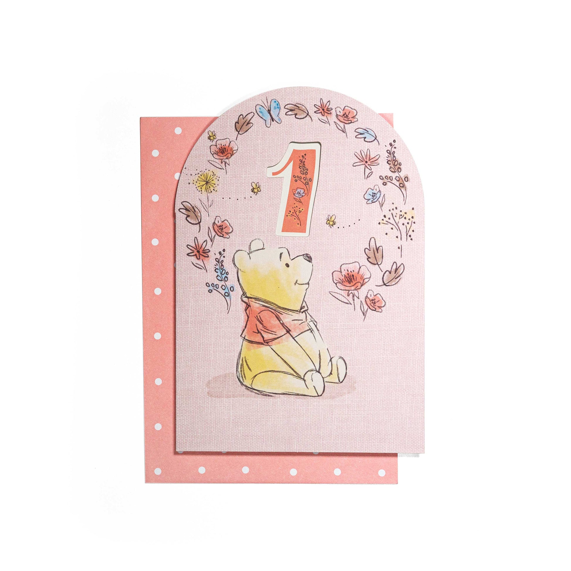 Lovely Disney Winnie The Pooh Sweet As Honey 1st birthday card featuring Pooh and floral design with cut-out '1' shape.