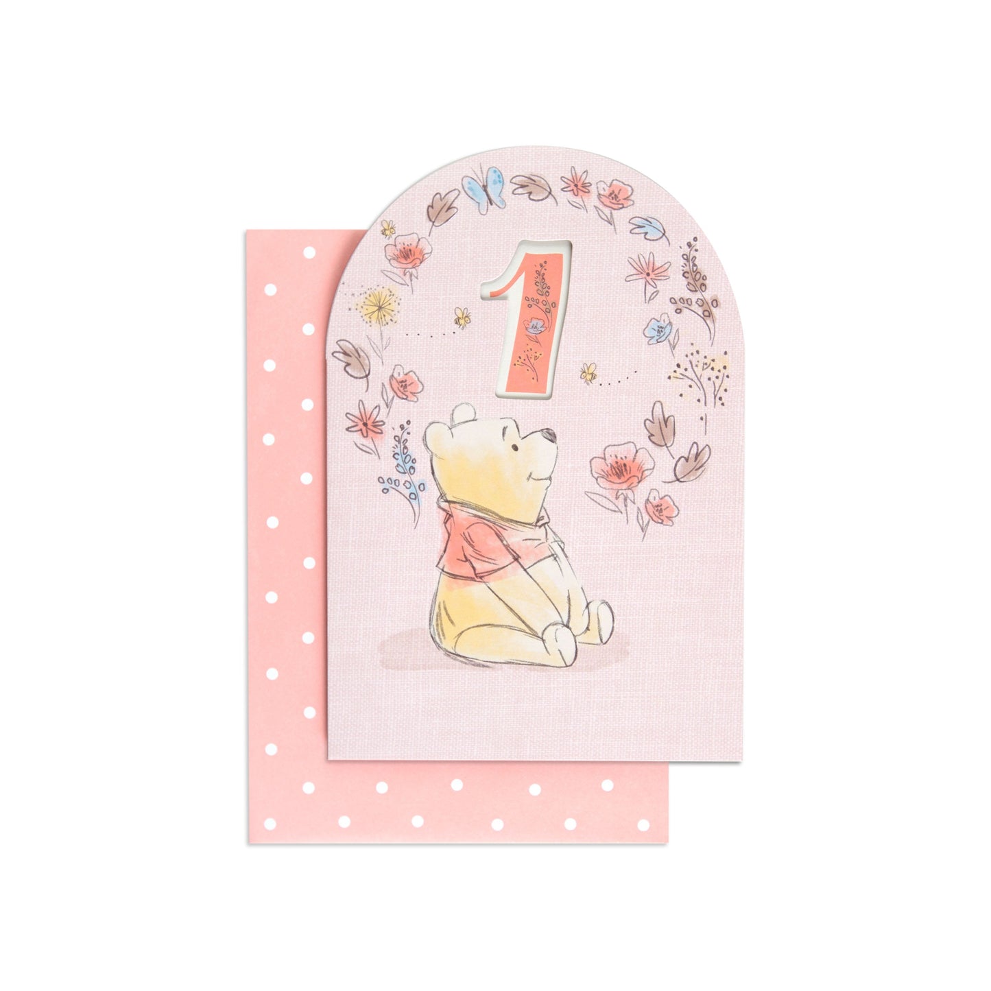 Lovely Disney Winnie The Pooh Sweet As Honey 1st birthday card featuring a cute Pooh illustration, arched design and floral details.