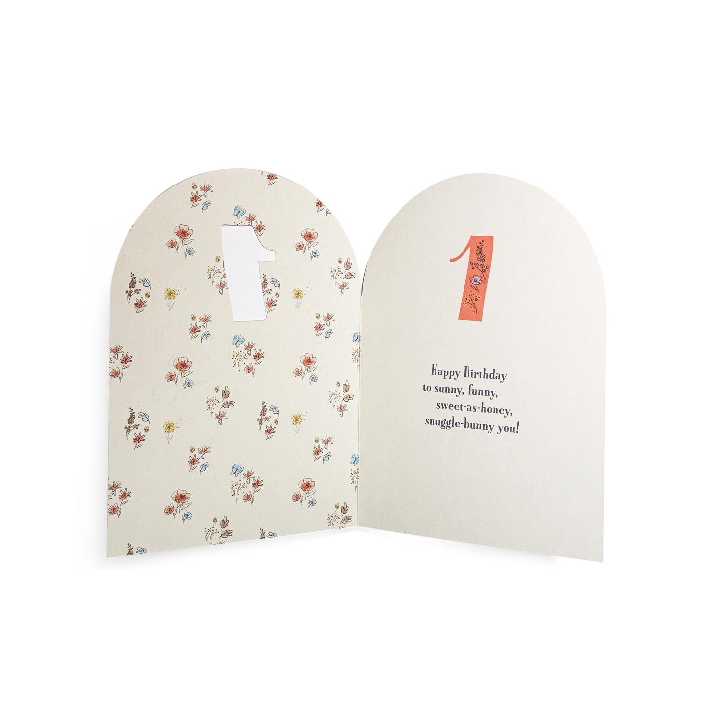 Lovely Disney Winnie The Pooh Sweet As Honey 1st Birthday Card featuring floral design and cut-out number 1 inside, flat lay view.