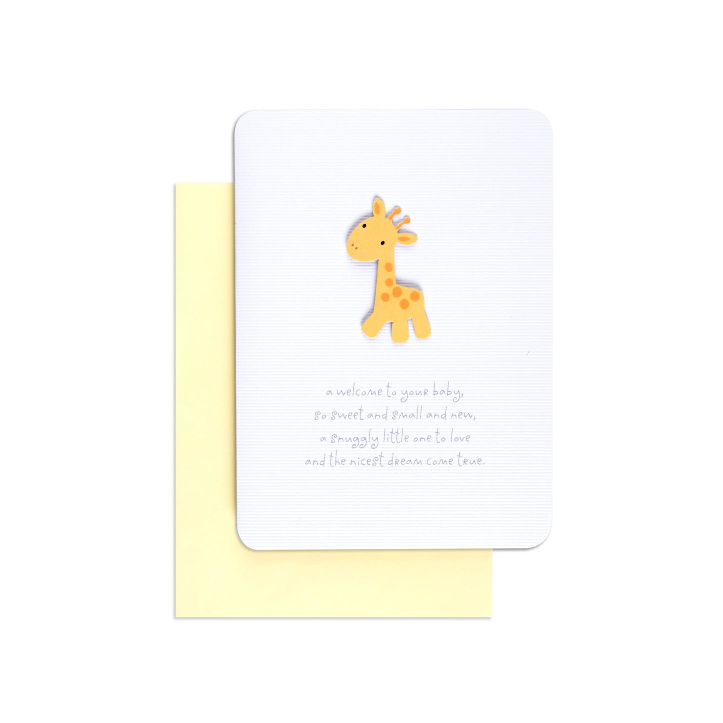 Sweet Gender Neutral Giraffe New Baby Congratulations Card with textured white cover, featuring a yellow giraffe attachment and greeting.