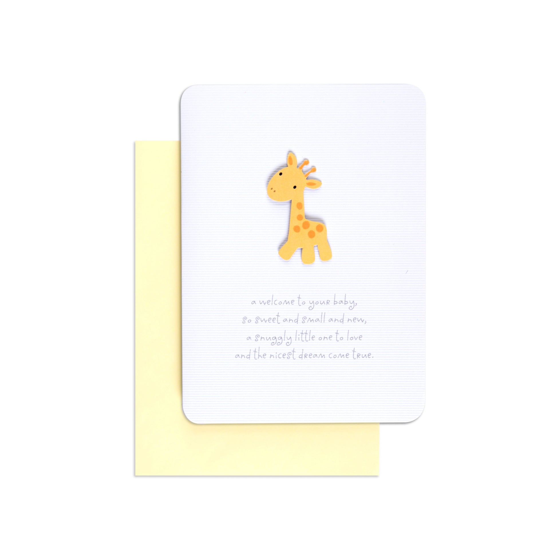 Sweet Gender Neutral Giraffe New Baby Congratulations Card with textured white cover, featuring a yellow giraffe attachment and greeting.
