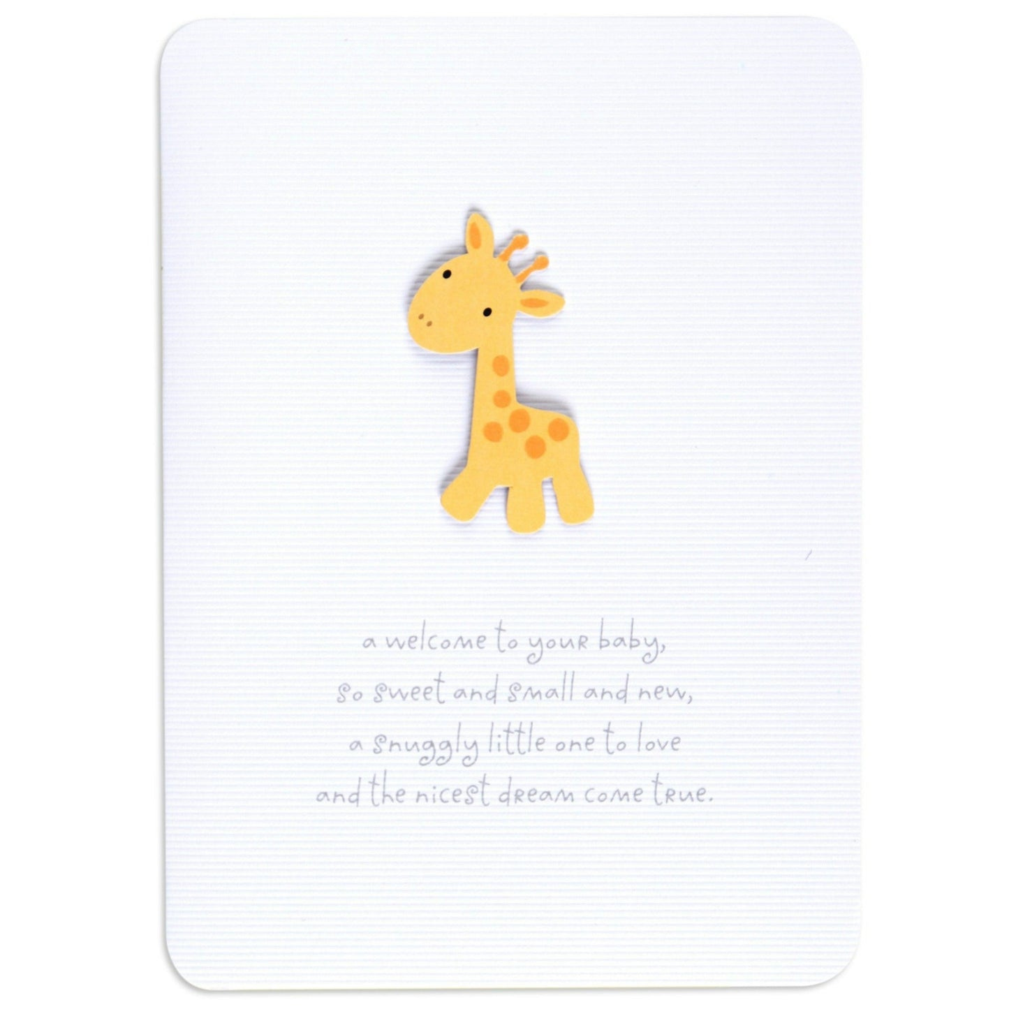 Sweet gender neutral giraffe new baby congratulations card featuring a cute laser cut giraffe on textured white card, flat lay view.