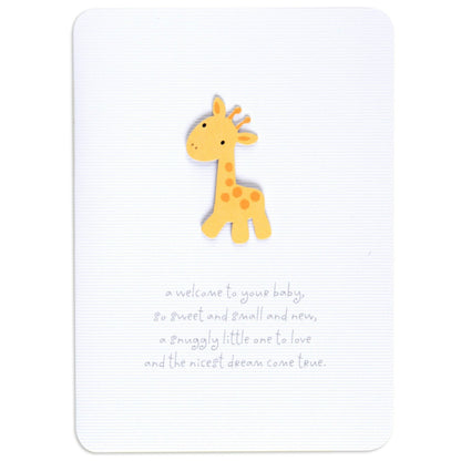 Sweet gender neutral giraffe new baby congratulations card featuring a cute laser cut giraffe on textured white card, flat lay view.