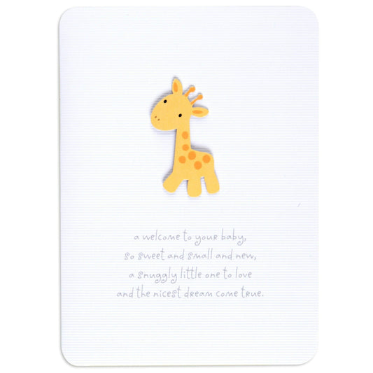 Sweet gender neutral giraffe new baby congratulations card featuring a cute laser cut giraffe on textured white card, flat lay view.