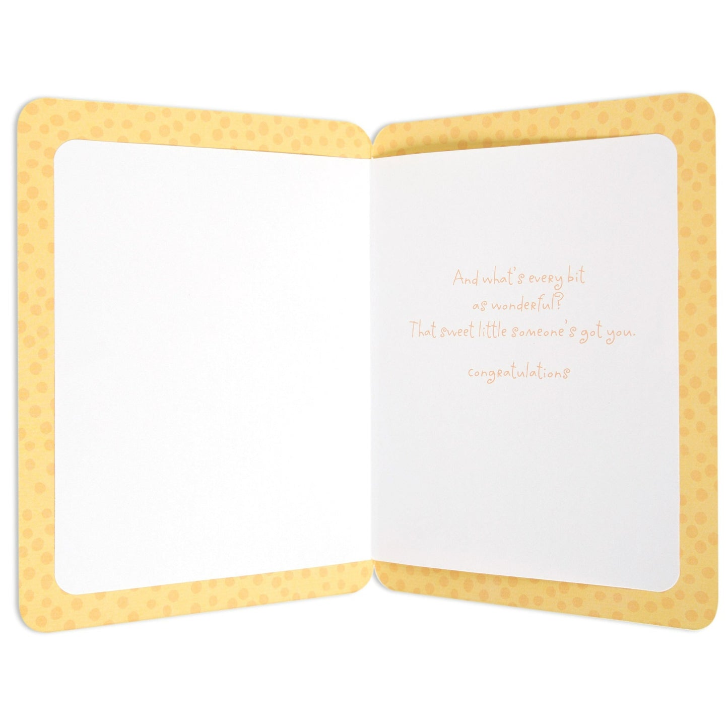 Sweet Gender Neutral Giraffe New Baby Congratulations Card inside view, featuring yellow spot motif and congratulatory message.