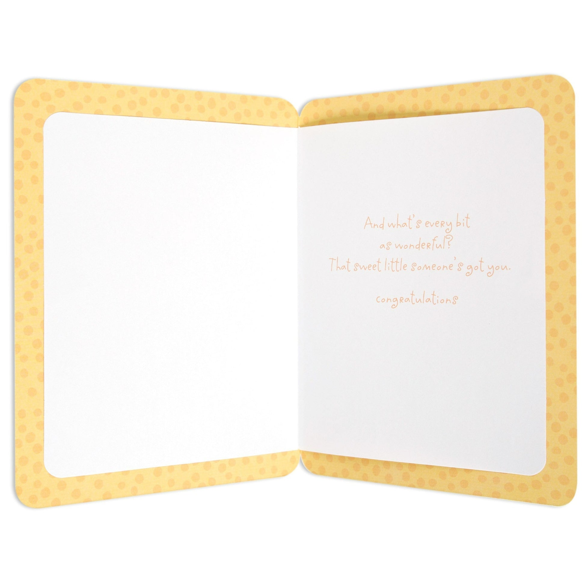 Sweet Gender Neutral Giraffe New Baby Congratulations Card inside view, featuring yellow spot motif and congratulatory message.