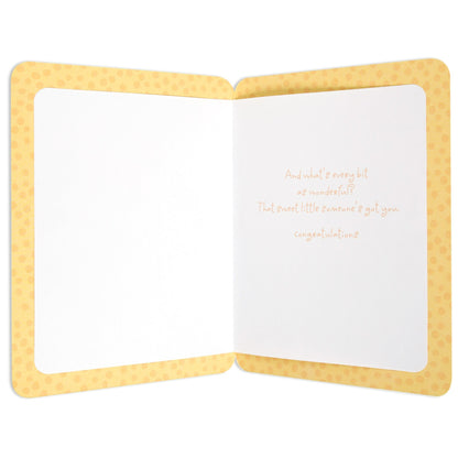 Sweet Gender Neutral Giraffe New Baby Congratulations Card inside view, featuring yellow spot motif and congratulatory message.