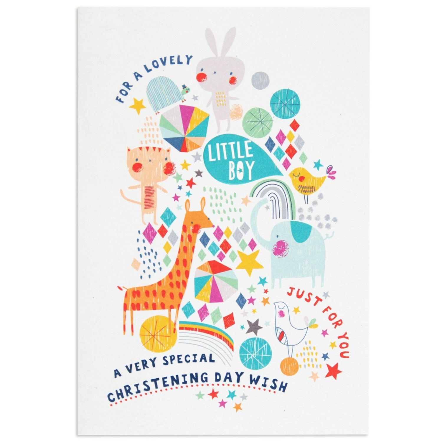 Lovely little boy sweet christening card featuring colourful animal illustrations and geometric shapes on a white background.