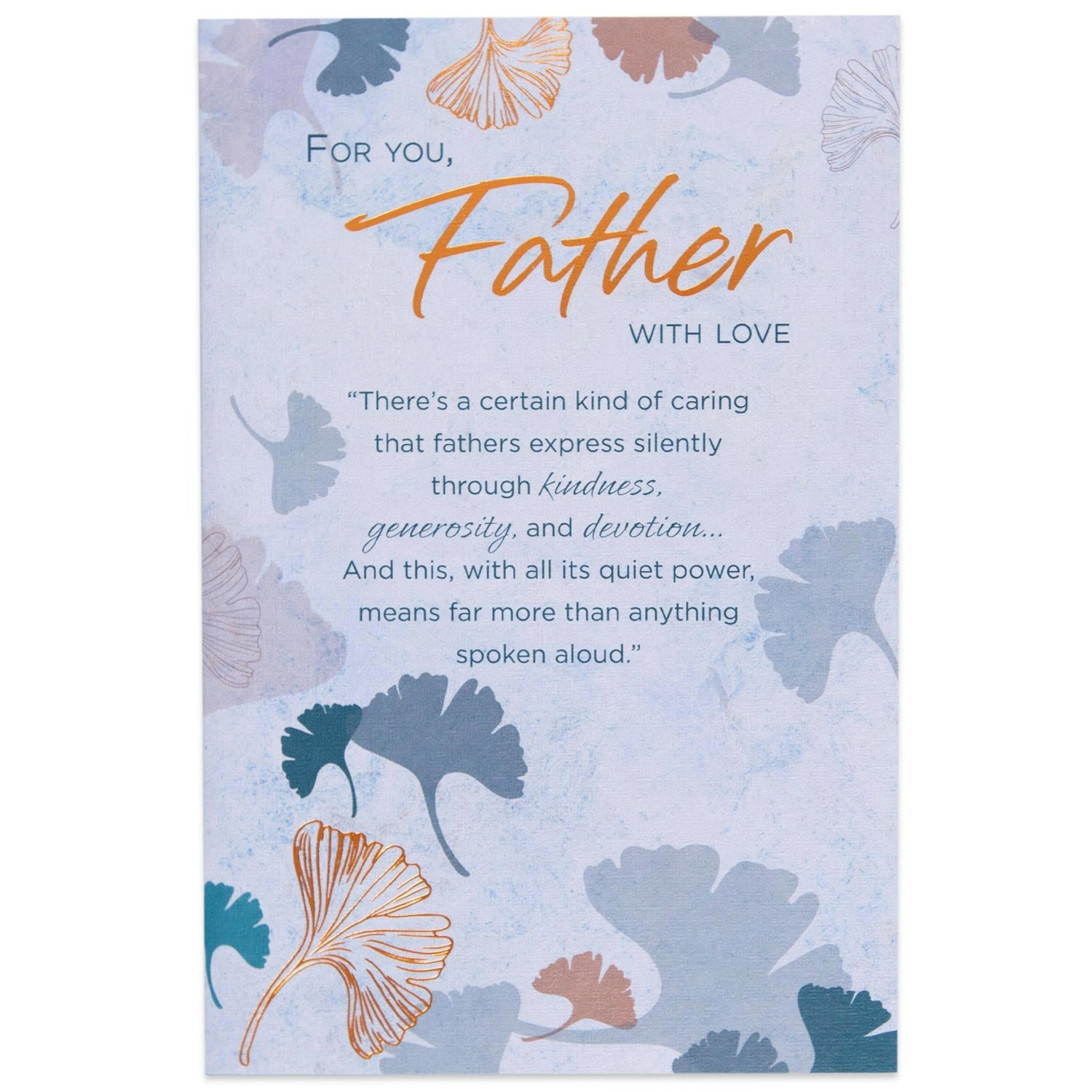 Special & lovely birthday card for father/dad with rose gold foil and leaf illustrations on marbled blue background.