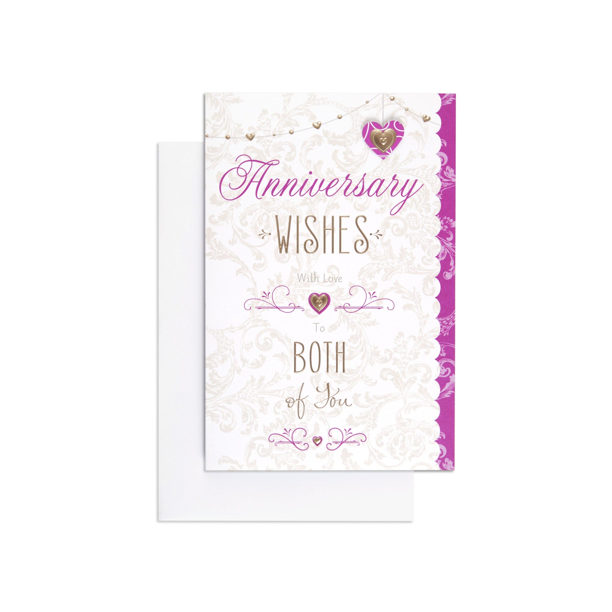 Elegant anniversary wishes card featuring a floral design, gold foil details, and a die cut heart attachment in landscape view.