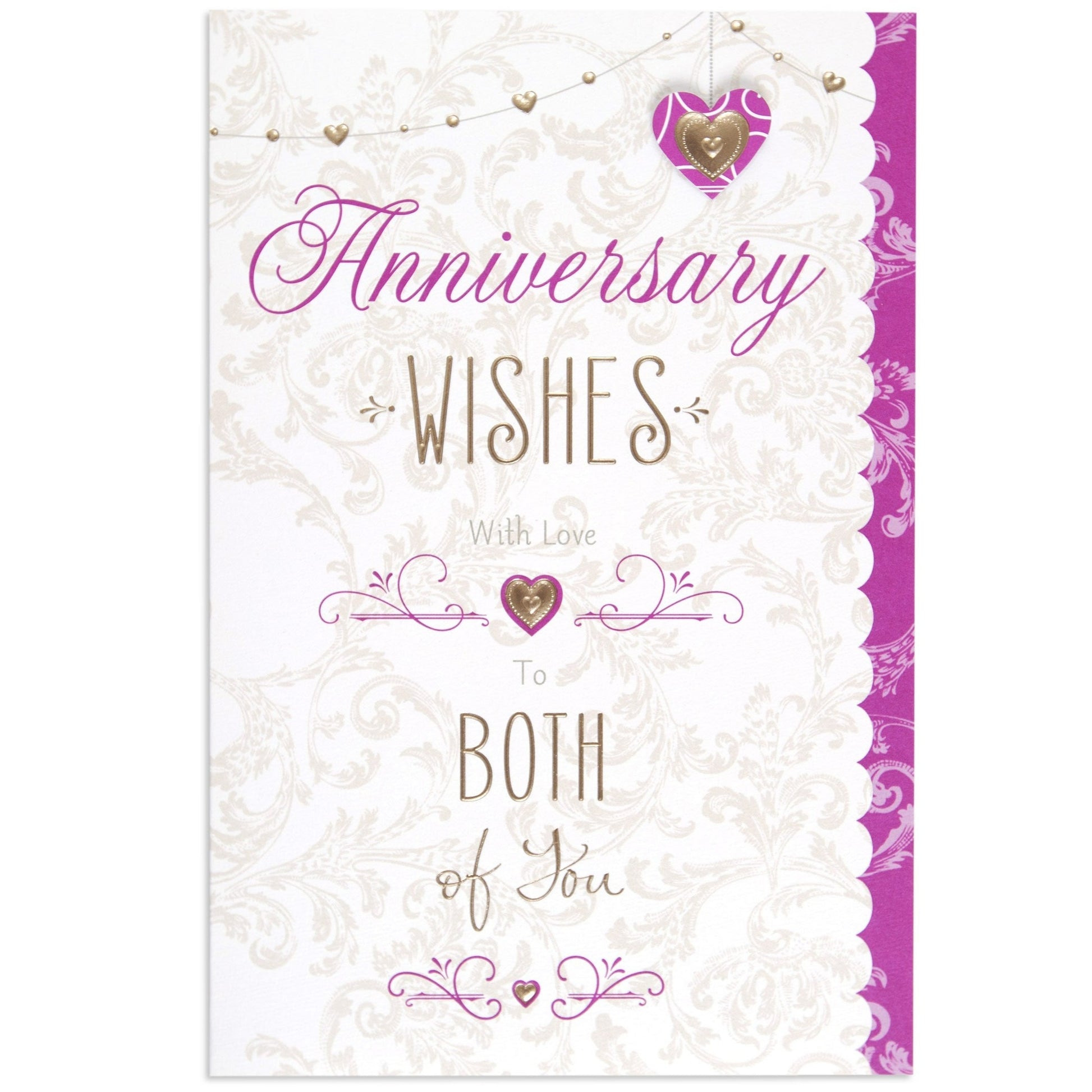 Elegant Anniversary Wishes Card featuring gold foil and scallop edges, with a die cut heart on a patterned background.