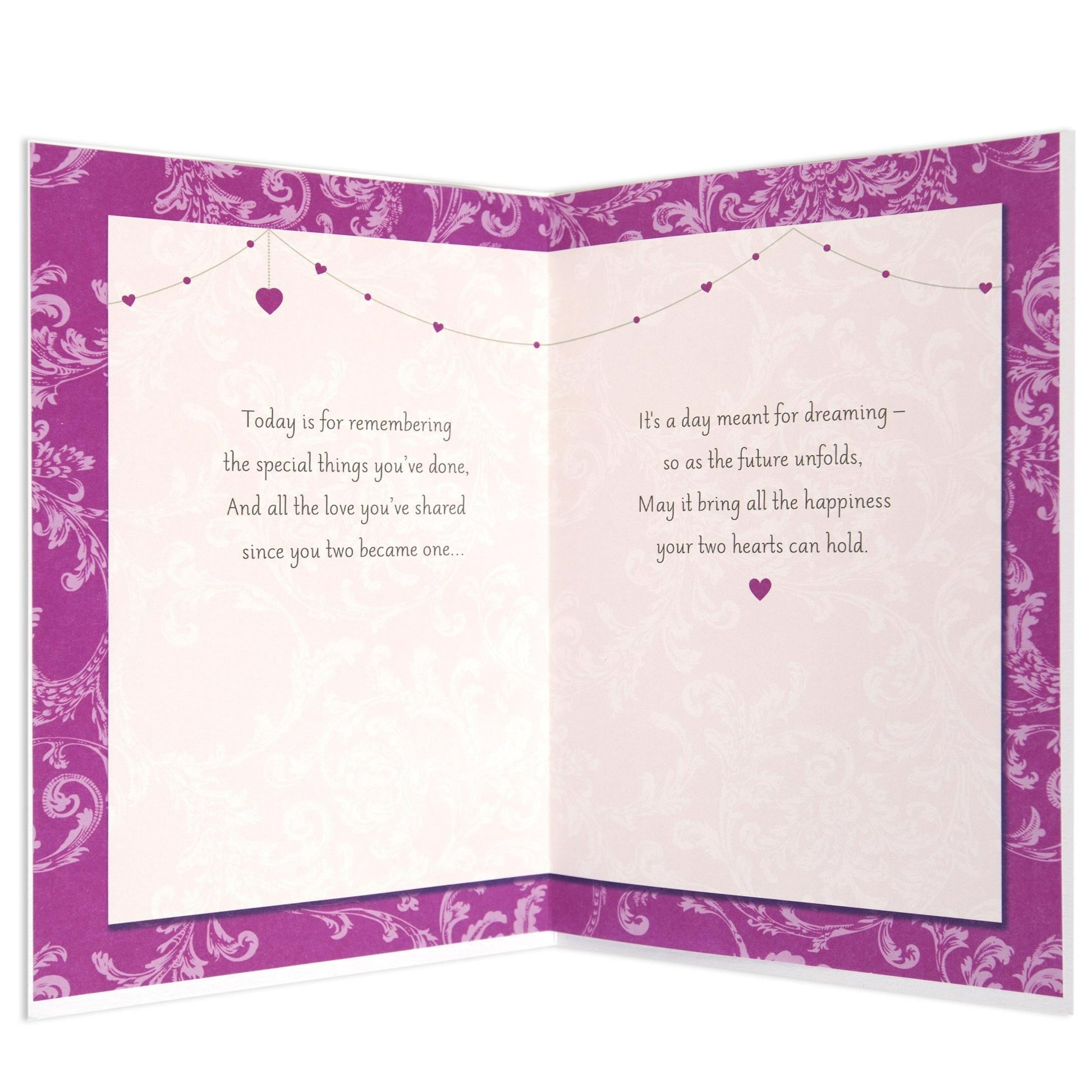 Elegant anniversary wishes card, inside design features purple floral pattern with heartfelt messages and heart illustrations.
