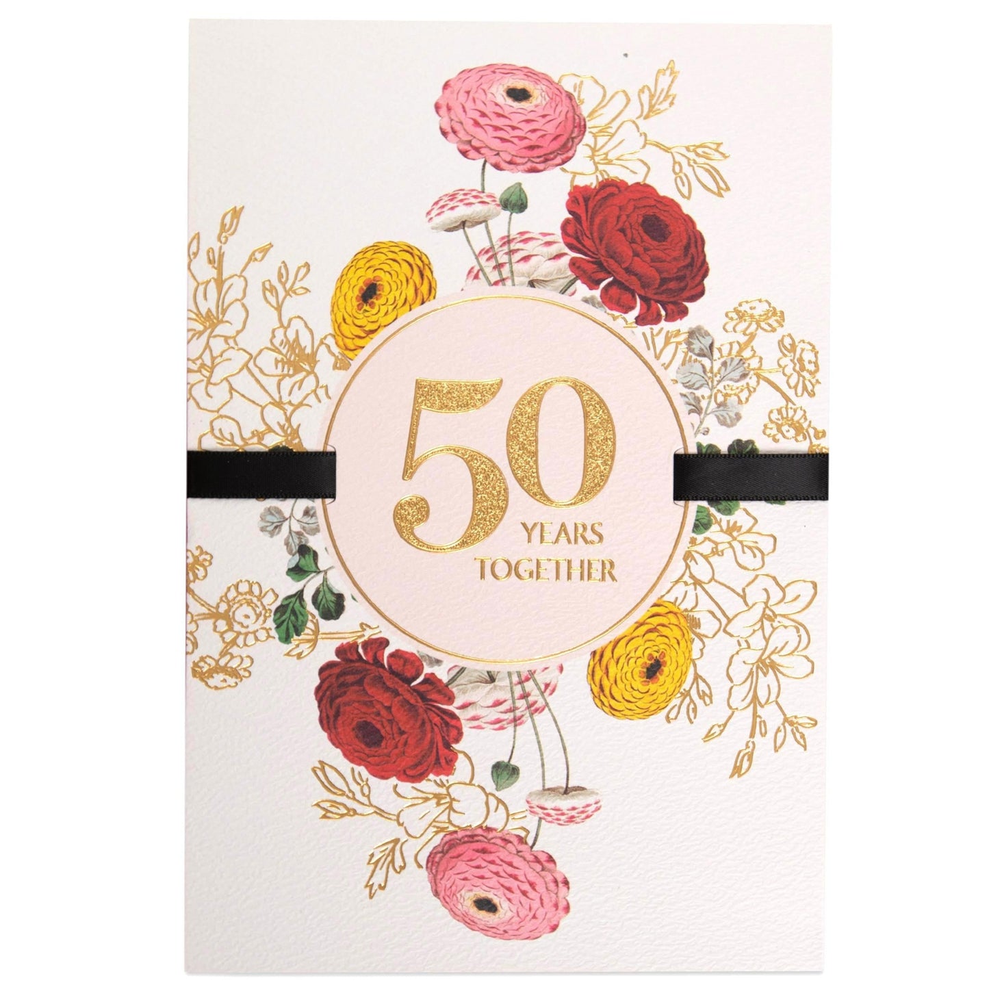 Five Decades Together Floral 50th Anniversary Celebration Card featuring floral illustrations and gold foil detail with a black ribbon.