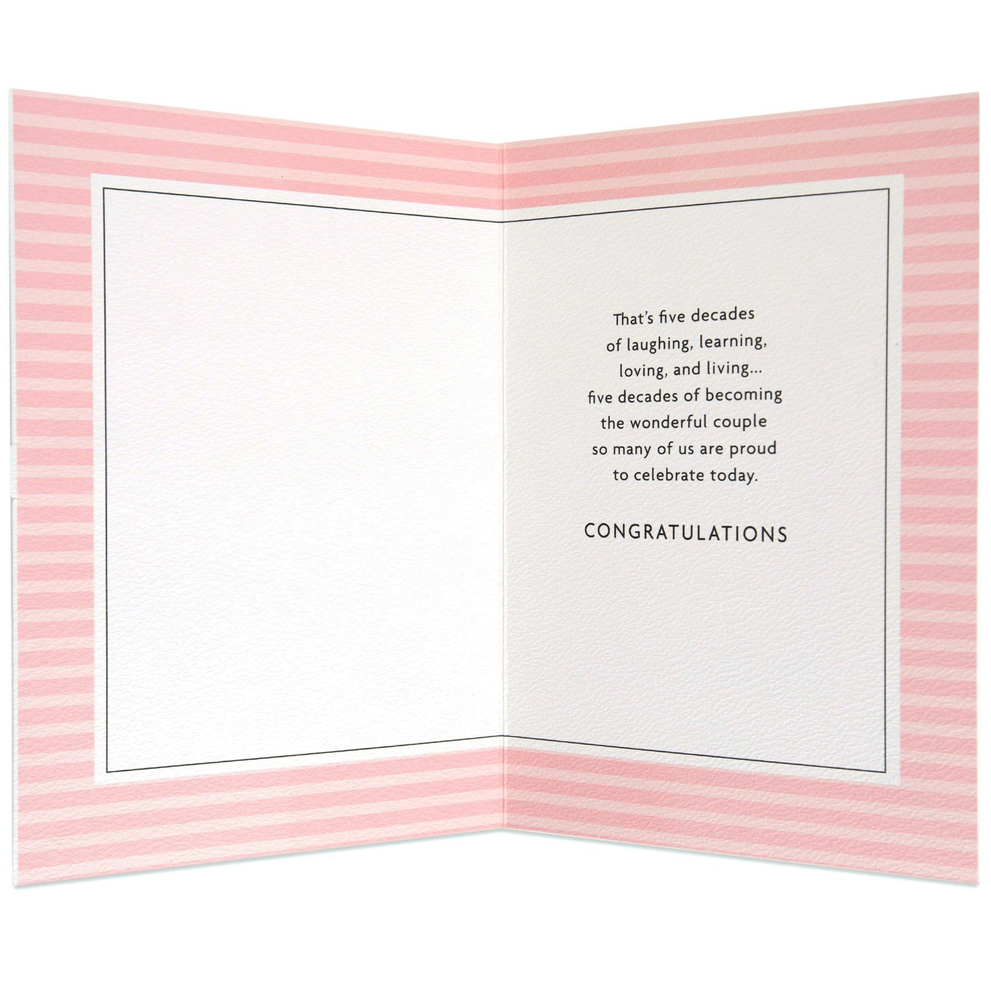 Five Decades Together Floral 50th Anniversary Celebration Card, interior design featuring pink striped border and heartfelt message.
