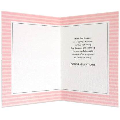 Five Decades Together Floral 50th Anniversary Celebration Card, interior design featuring pink striped border and heartfelt message.