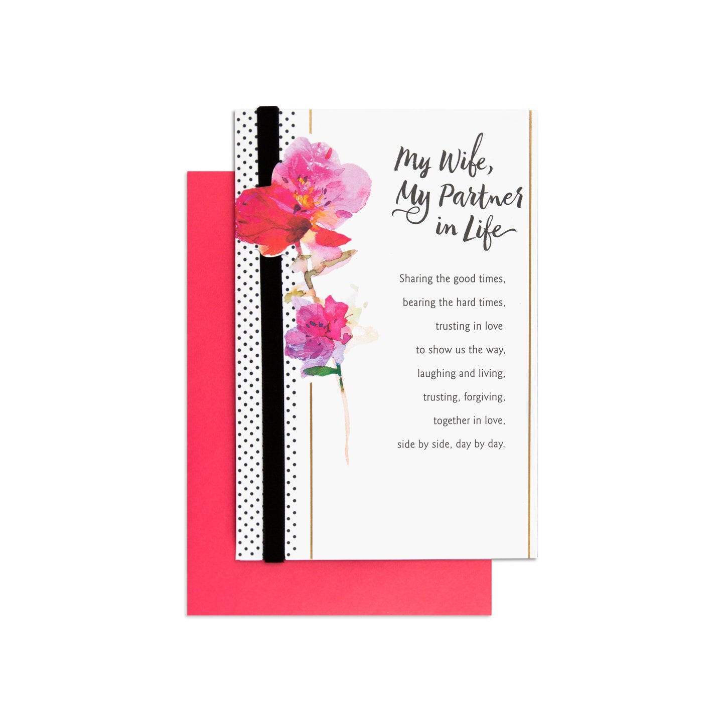 Gorgeous & Meaningful My Partner In Life Anniversary Card featuring floral illustrations, black ribbon, and a pink envelope.