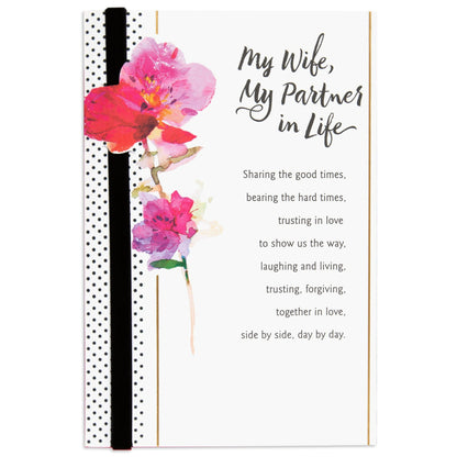 Gorgeous & Meaningful My Partner In Life Anniversary Card featuring floral illustrations, gold foil, and black velvet ribbon on a white background.