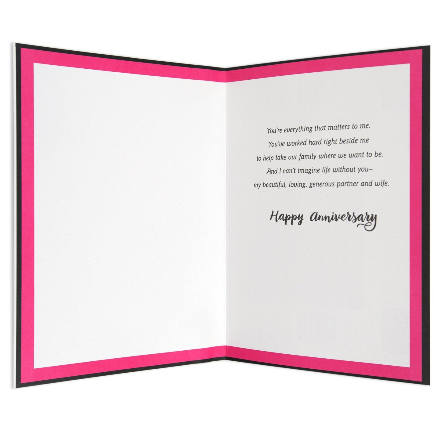 Gorgeous & Meaningful My Partner In Life Anniversary Card, inside view, featuring a pink and black border with heartfelt anniversary message.