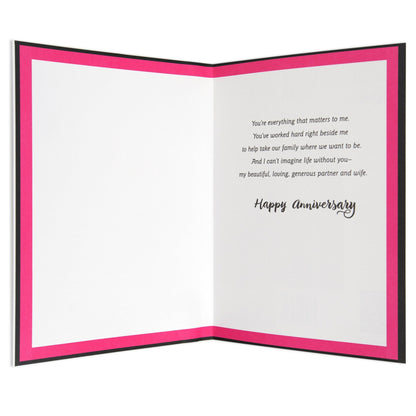 Gorgeous & Meaningful My Partner In Life Anniversary Card, inside view, featuring a pink and black border with heartfelt anniversary message.