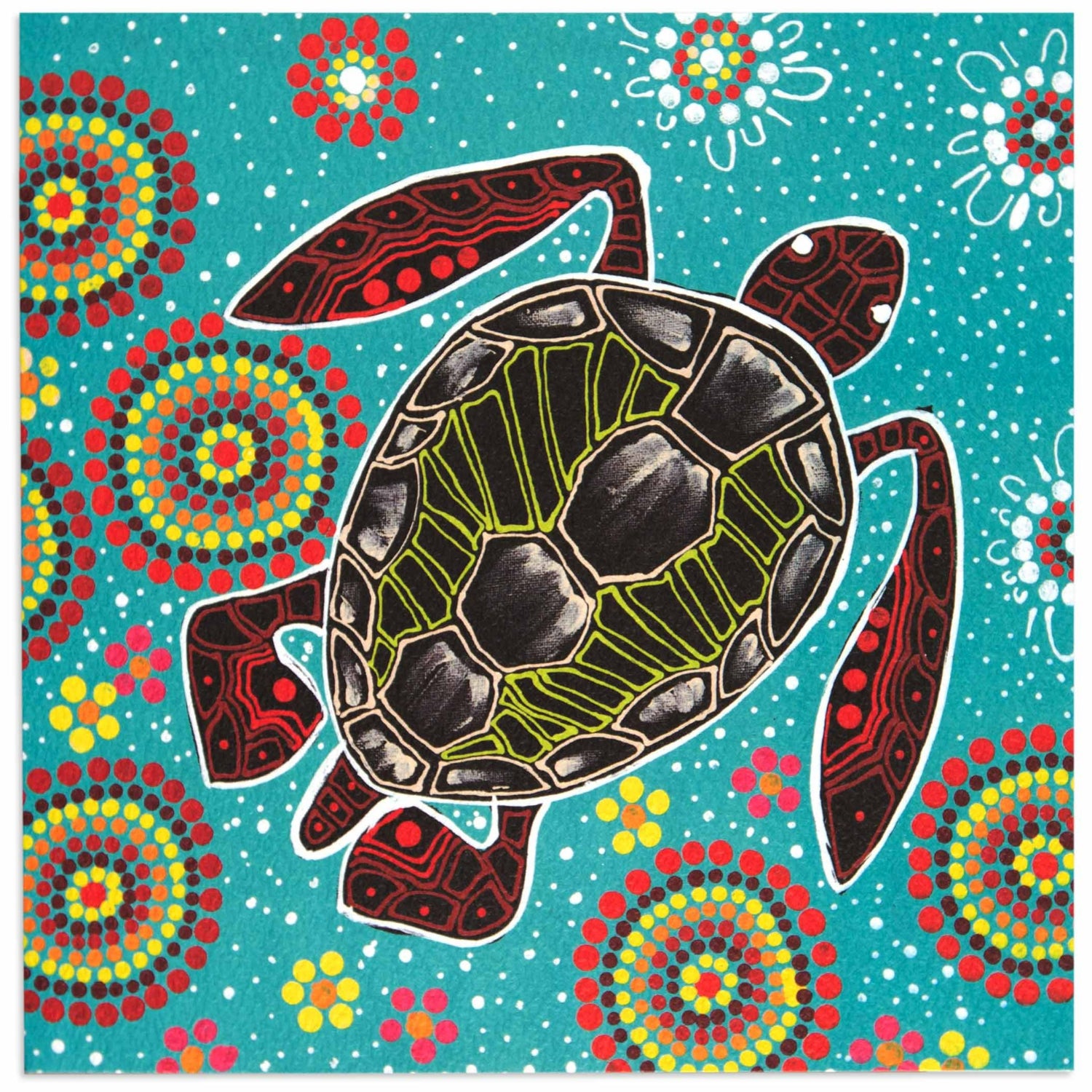 Indigenous Turtle by Ed Nullen Blank Card features vibrant indigenous artwork of a turtle with colourful dot patterns.