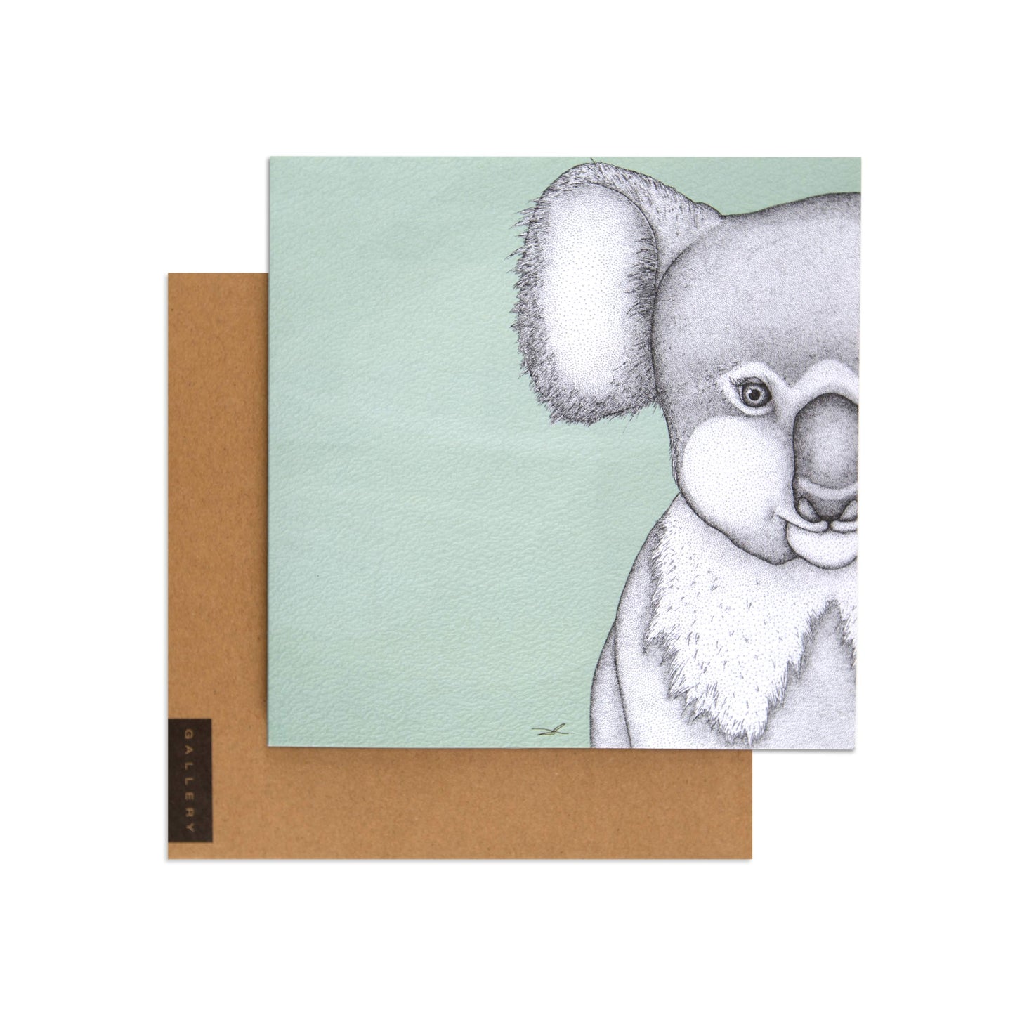 Green Koala by Dots By Donna blank card with black and white koala illustration on mint green background and kraft envelope