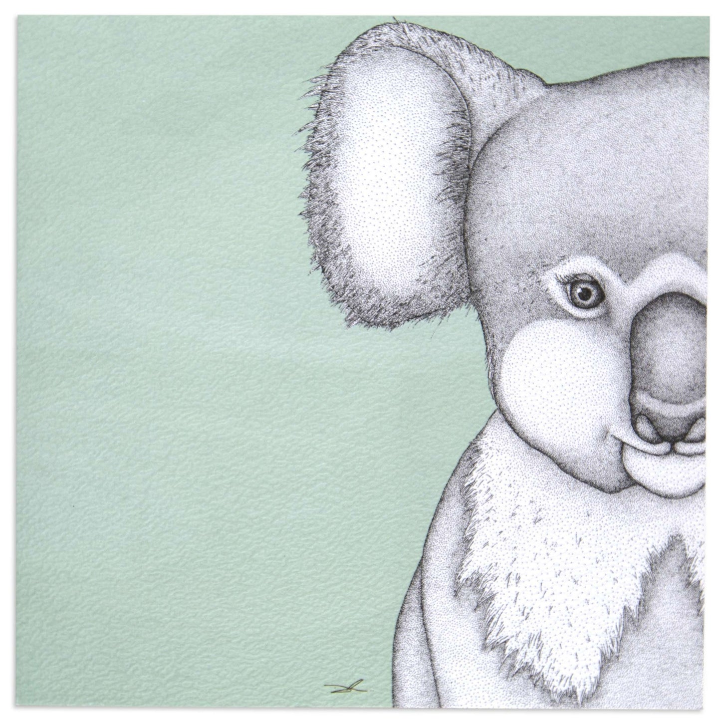 Green Koala by Dots By Donna blank card featuring a black and white illustration of a koala on mint green background