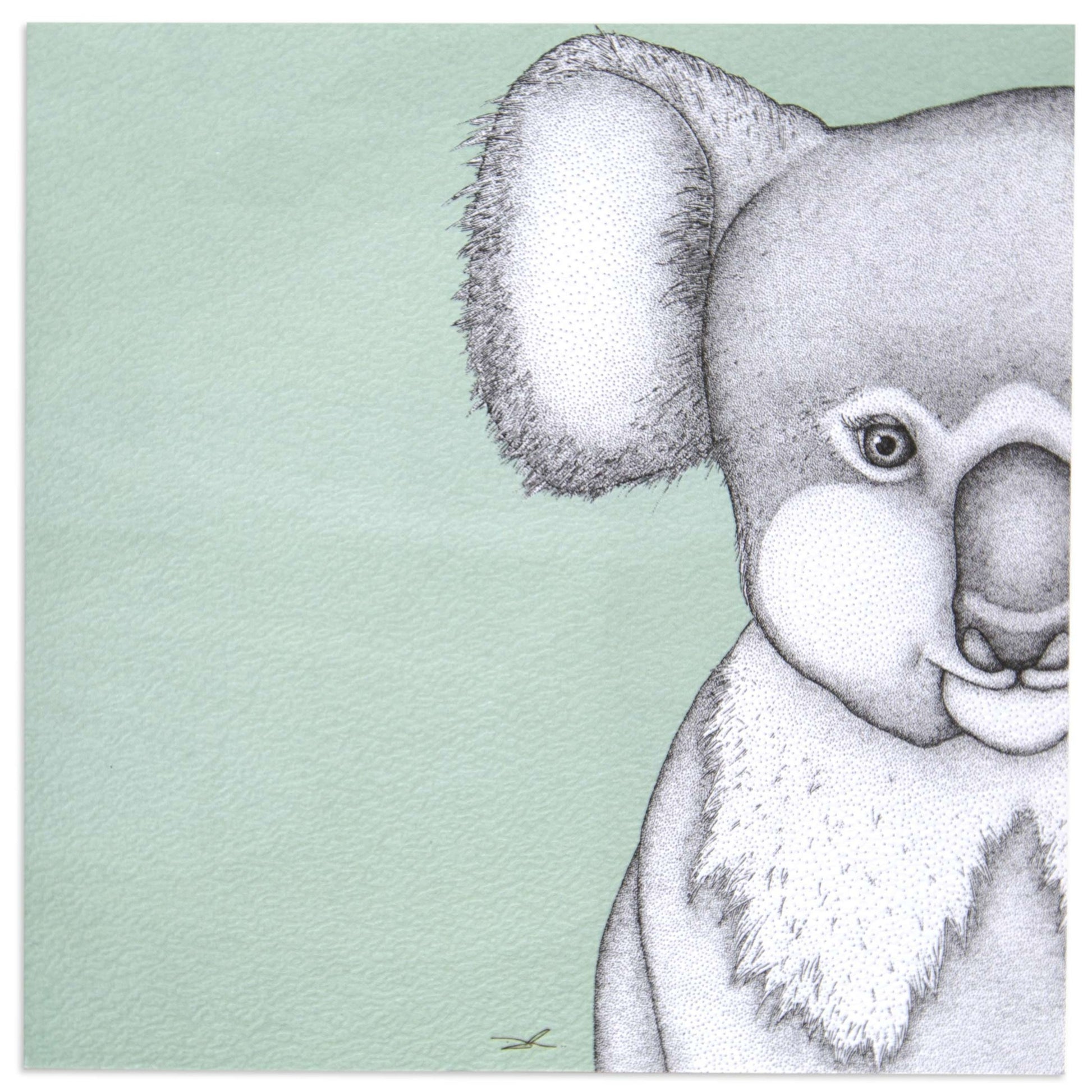 Green Koala by Dots By Donna blank card featuring a black and white illustration of a koala on mint green background