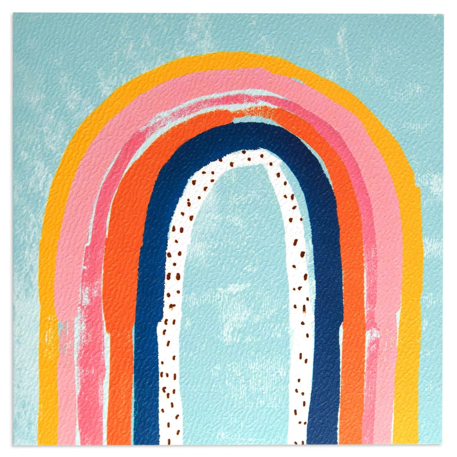 Colourful patterned rainbow blank card featuring an artistic rainbow illustration on a blue background, close-up view.