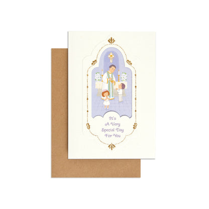 Special & elegant first communion congratulations card featuring a lovely illustration of children at the altar with gold glitter accents.