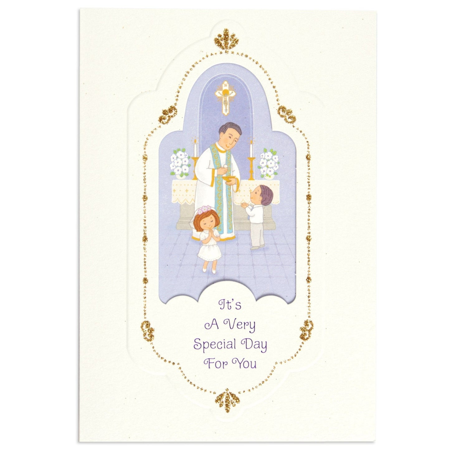 Special & Elegant First Communion Congratulations Card featuring a priest with children at the altar and gold glitter accents.