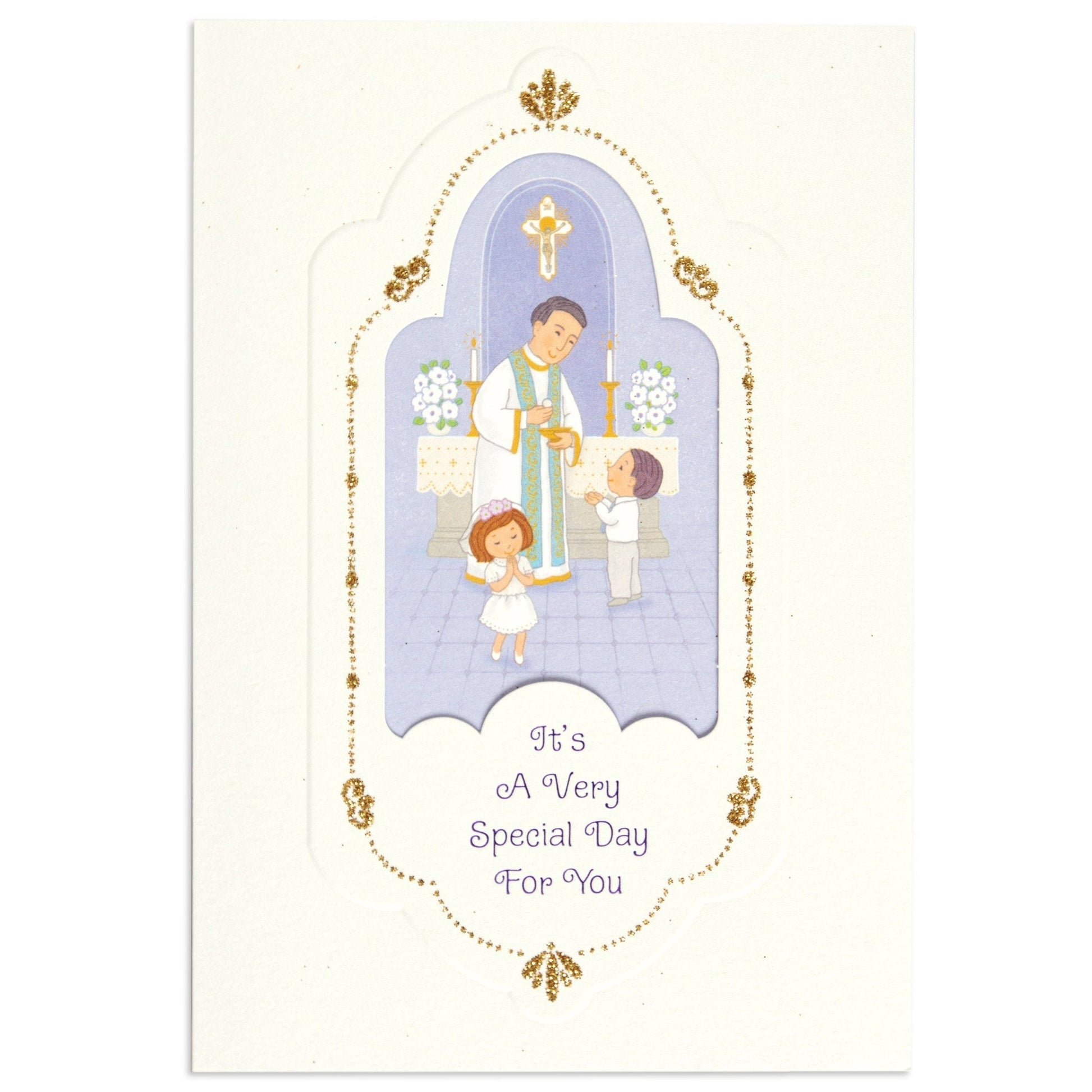 Special & Elegant First Communion Congratulations Card featuring a priest with children at the altar and gold glitter accents.