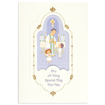 Special & Elegant First Communion Congratulations Card featuring a priest with children at the altar and gold glitter accents.