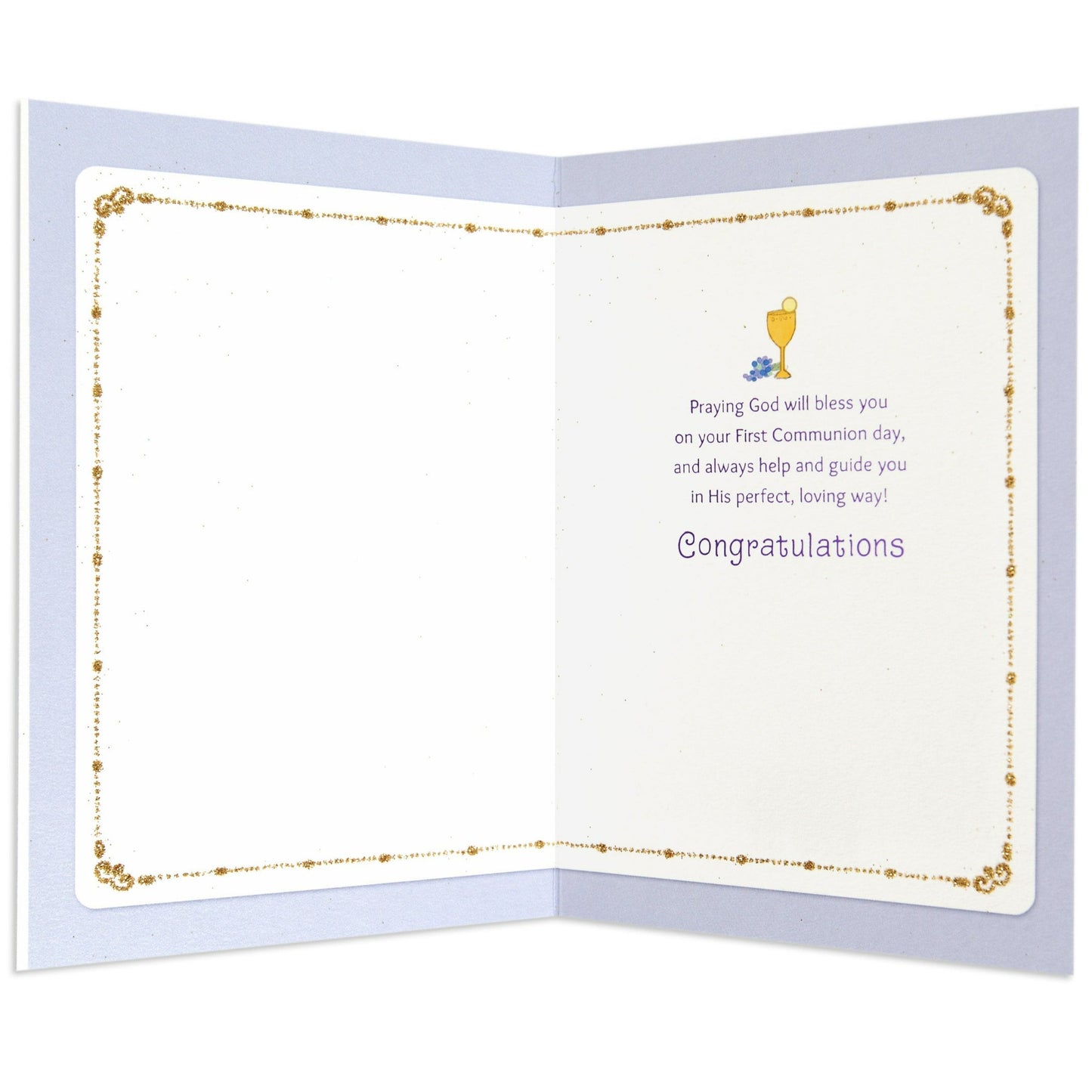 Special & Elegant First Communion Congratulations Card, interior design, featuring gold highlights and a chalice illustration.