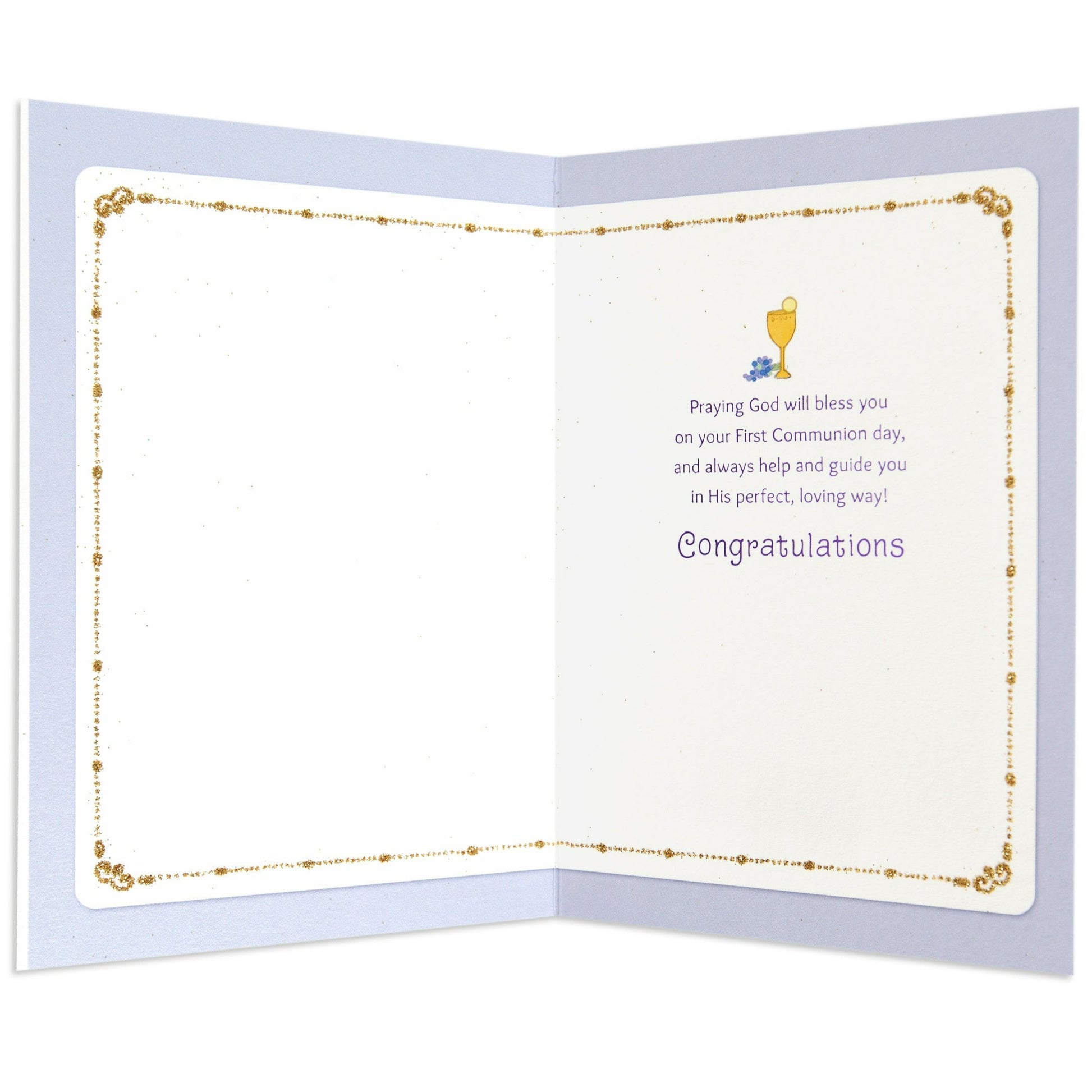 Special & Elegant First Communion Congratulations Card, interior design, featuring gold highlights and a chalice illustration.