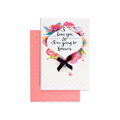 Gorgeous & Special Love You Forever Anniversary Card, floral illustrations, black bow, pink patterned background, front view