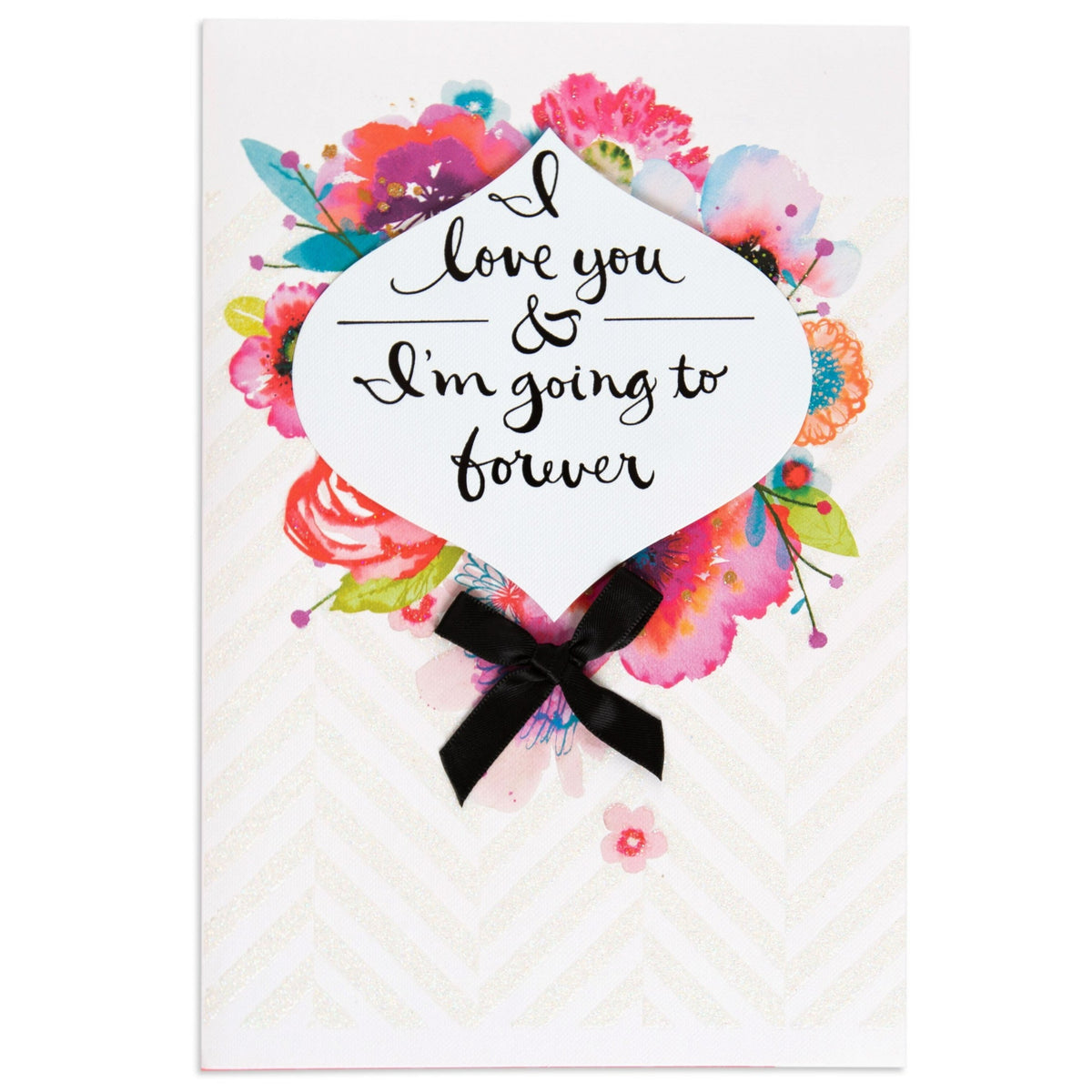 Gorgeous & Special Love You Forever Anniversary Card featuring floral watercolour artwork, black bow and heartfelt message, flat lay view.