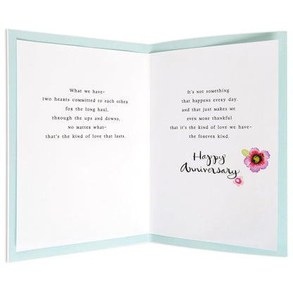 Gorgeous & special love you forever anniversary card, baby blue inside, featuring floral illustrations and heartfelt messages.