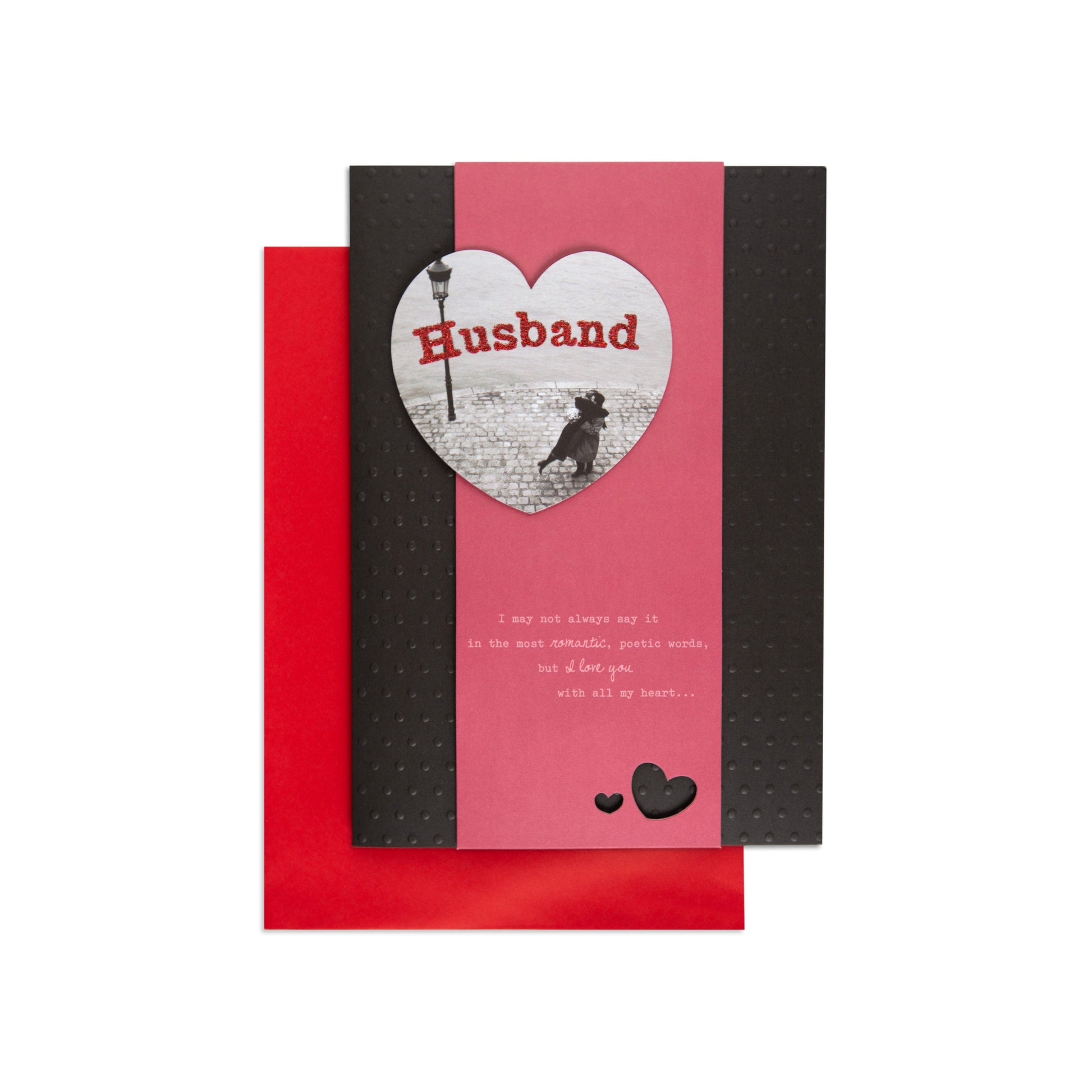 Romantic & Poetic With All My Heart Husband Birthday Card, black and red design, featuring a heart photo attachment and embossed details.