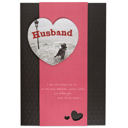 Romantic & Poetic With All My Heart Husband Birthday Card with laser cut hearts, black textured background and a heart photo detail