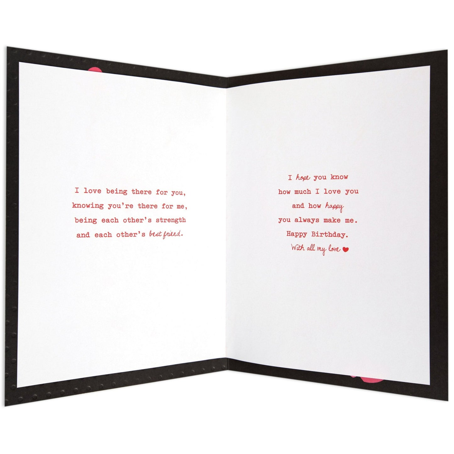 Romantic & Poetic With All My Heart Husband Birthday Card, inside view with heartfelt printed message, black and white theme, red text highlights.