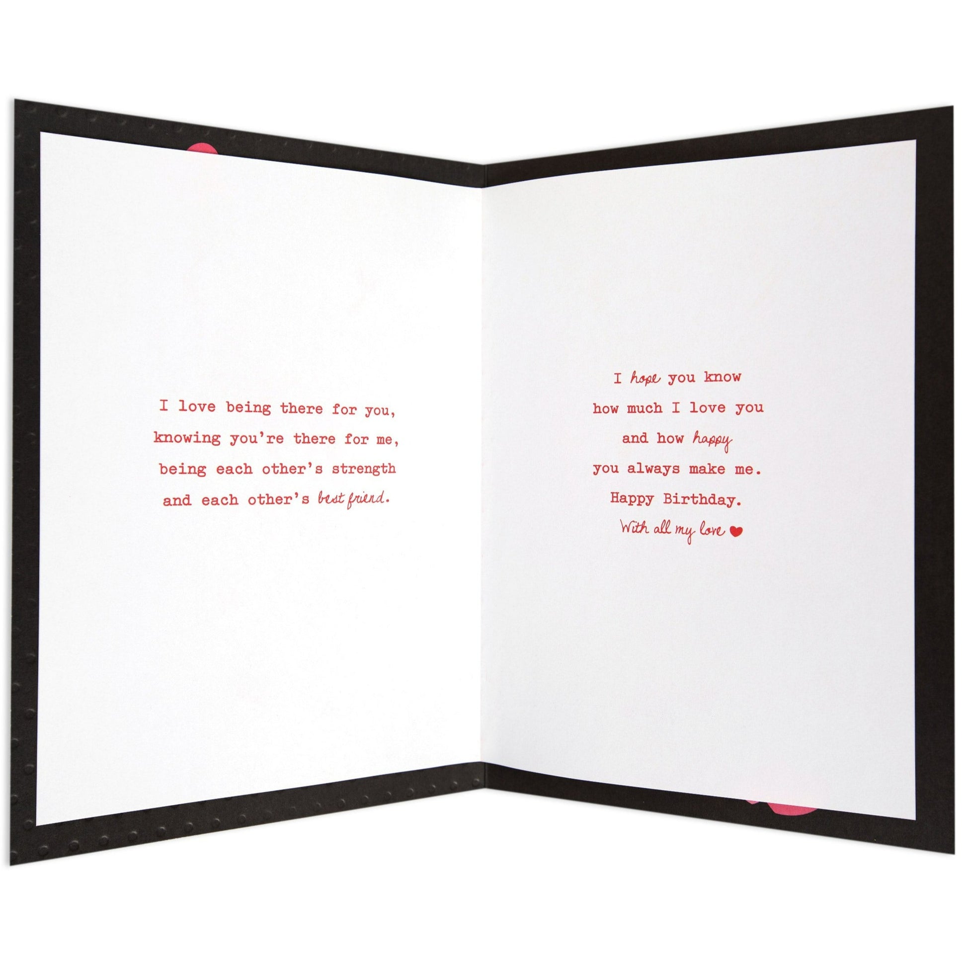 Romantic & Poetic With All My Heart Husband Birthday Card, inside view with heartfelt printed message, black and white theme, red text highlights.