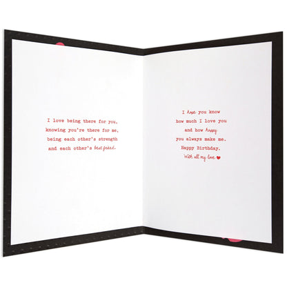 Romantic & Poetic With All My Heart Husband Birthday Card, inside view with heartfelt printed message, black and white theme, red text highlights.